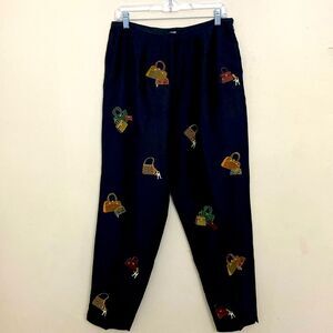 S.L.B. Novelty Handbag Embroidered Cropped Silk Pants size 12 Artsy Lagenlook